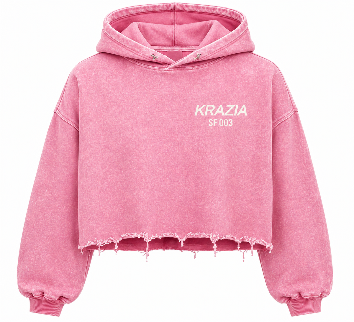 Pink cropped hoodie front with KRAZIA SF003 logo and frayed raw hem
