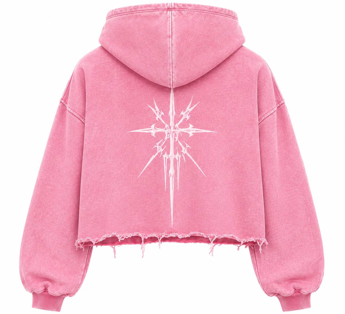 Pink cropped hoodie back with hood and starburst graphic over distressed hem