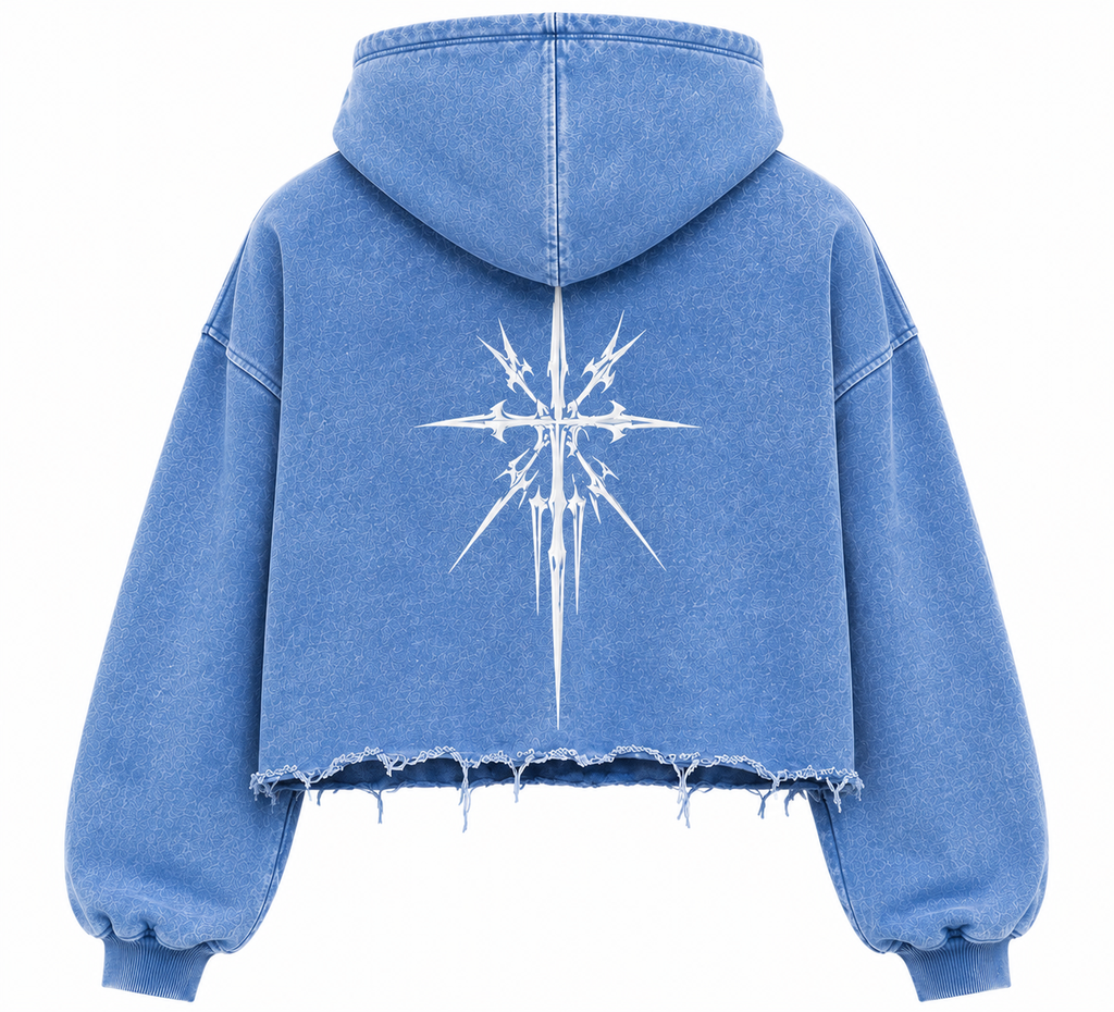 Blue cropped hoodie with hood, starburst graphic on back, frayed raw hem
