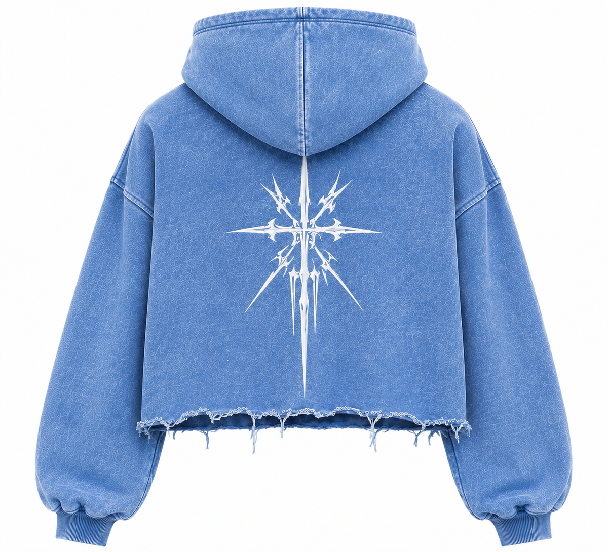 Blue cropped hoodie with hood, starburst graphic on back, frayed raw hem