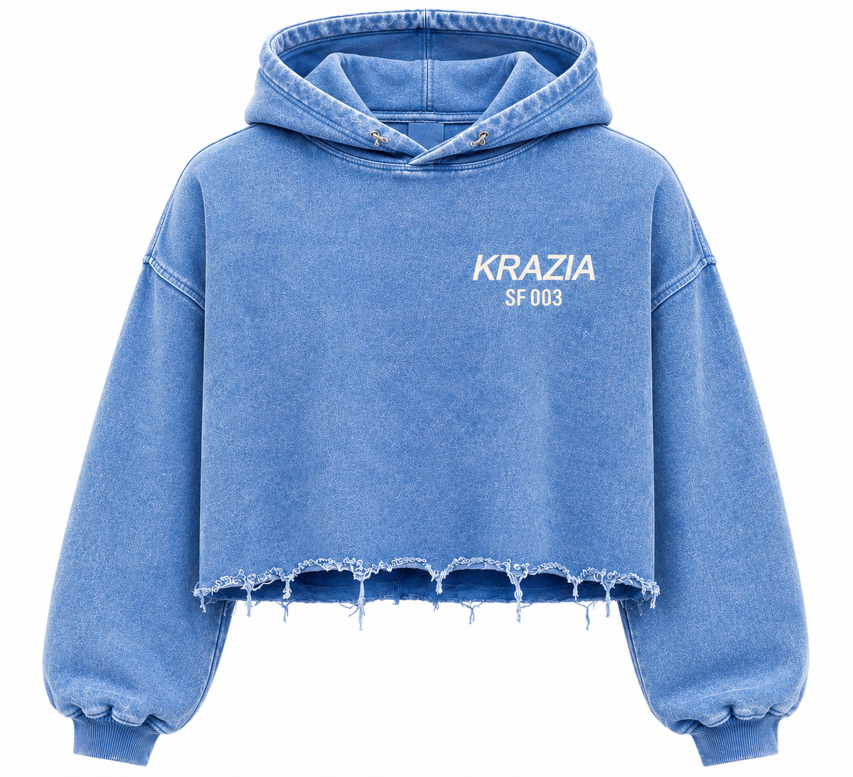 Blue cropped hoodie front with KRAZIA SF003 logo and frayed raw hem