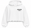 White cropped hoodie front with KRAZIA SF003 logo and frayed raw hem