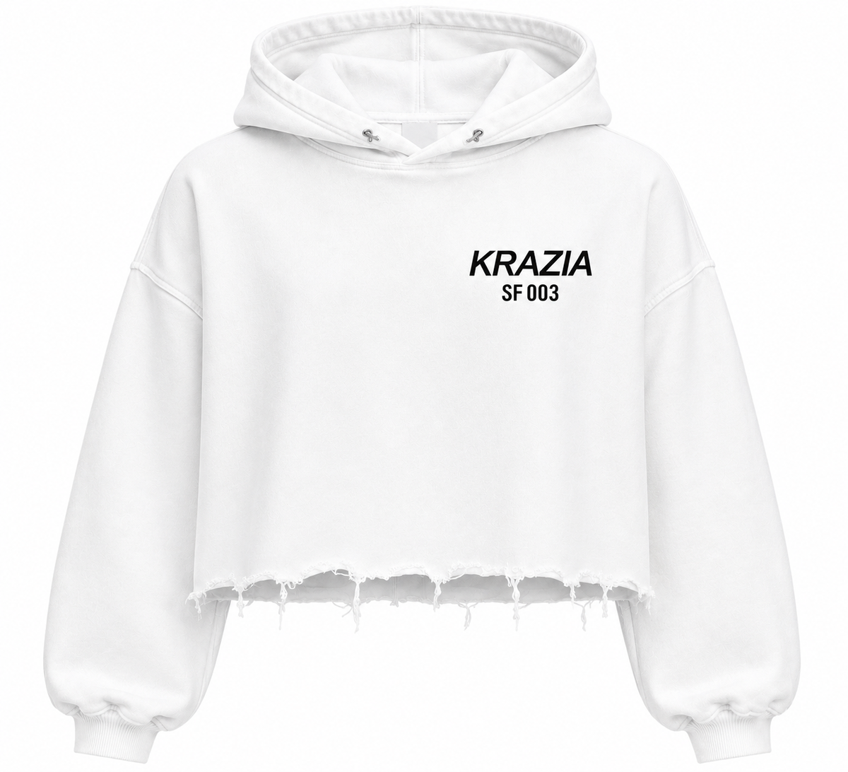 White cropped hoodie front with KRAZIA SF003 logo and frayed raw hem