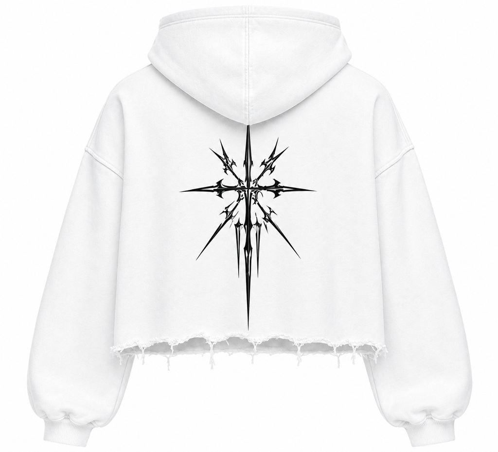 White cropped hoodie back with hood and starburst graphic over distressed hem