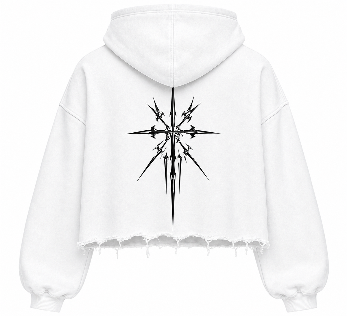 White cropped hoodie back with hood and starburst graphic over distressed hem