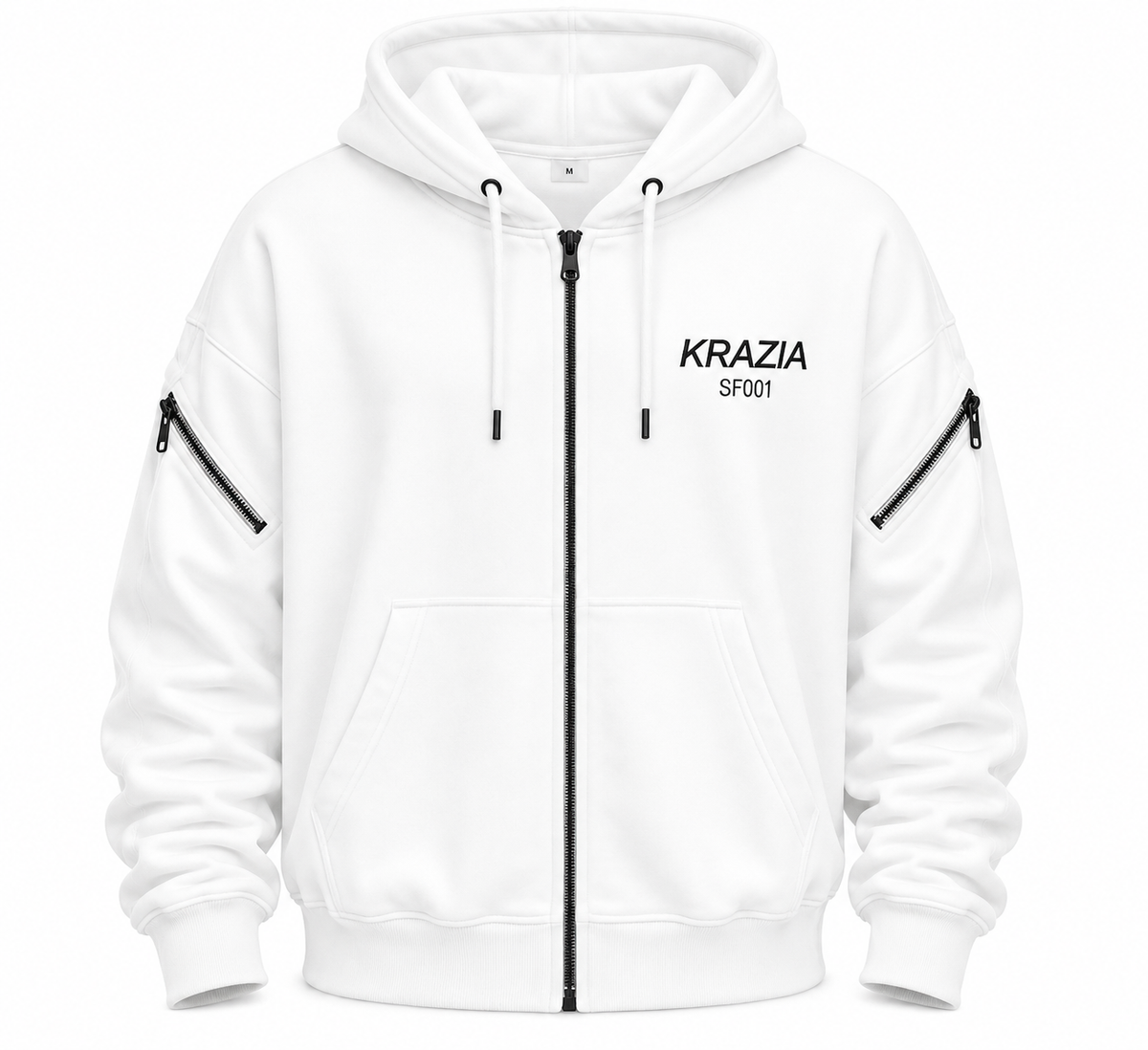 White two-layer hood zip hoodie with front logo and diagonal sleeve pocket zippers
