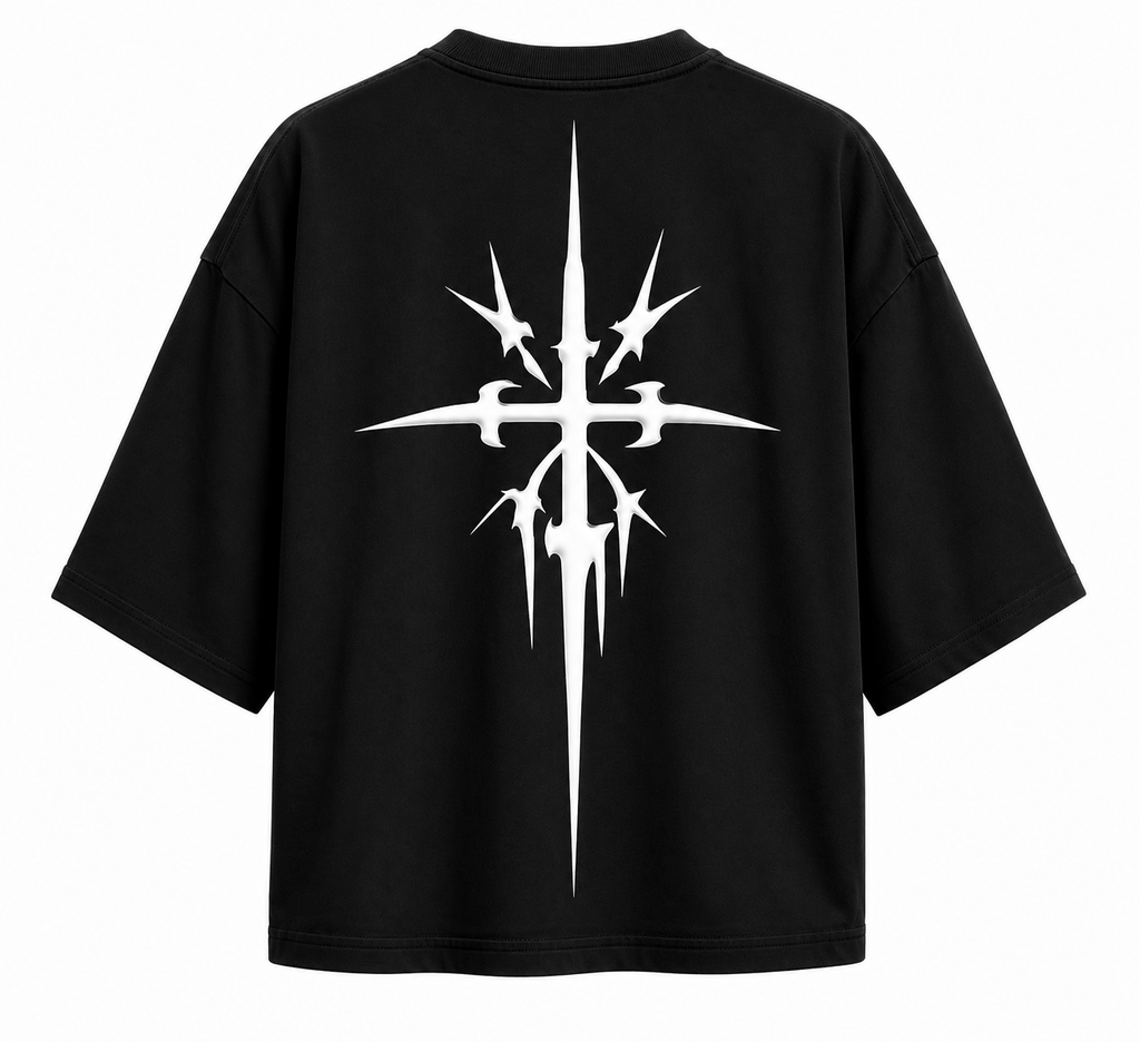 Black cropped oversized tee with crew neck and large back graphic print
