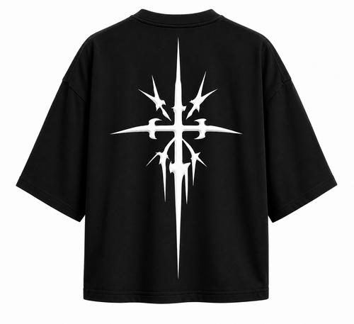 Black cropped oversized tee with crew neck and large back graphic print
