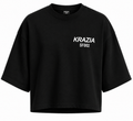 Black cropped oversized tee with crew neck and small front logo text