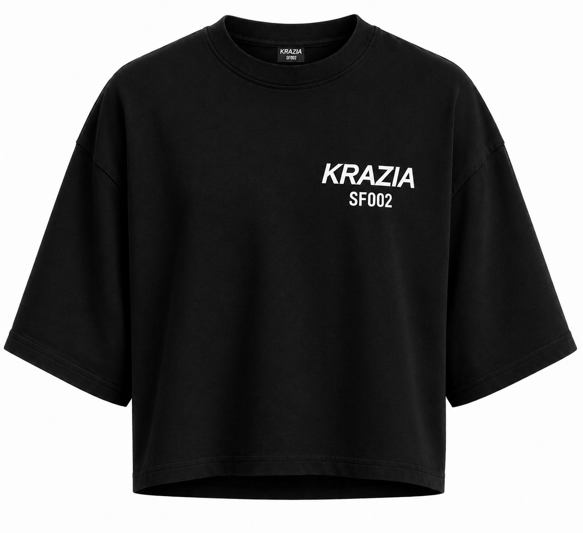 Black cropped oversized tee with crew neck and small front logo text