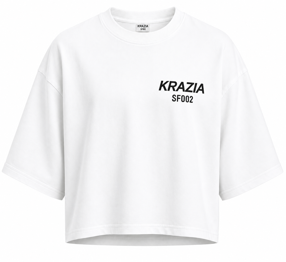 White cropped oversized tee with crew neck and small front logo text