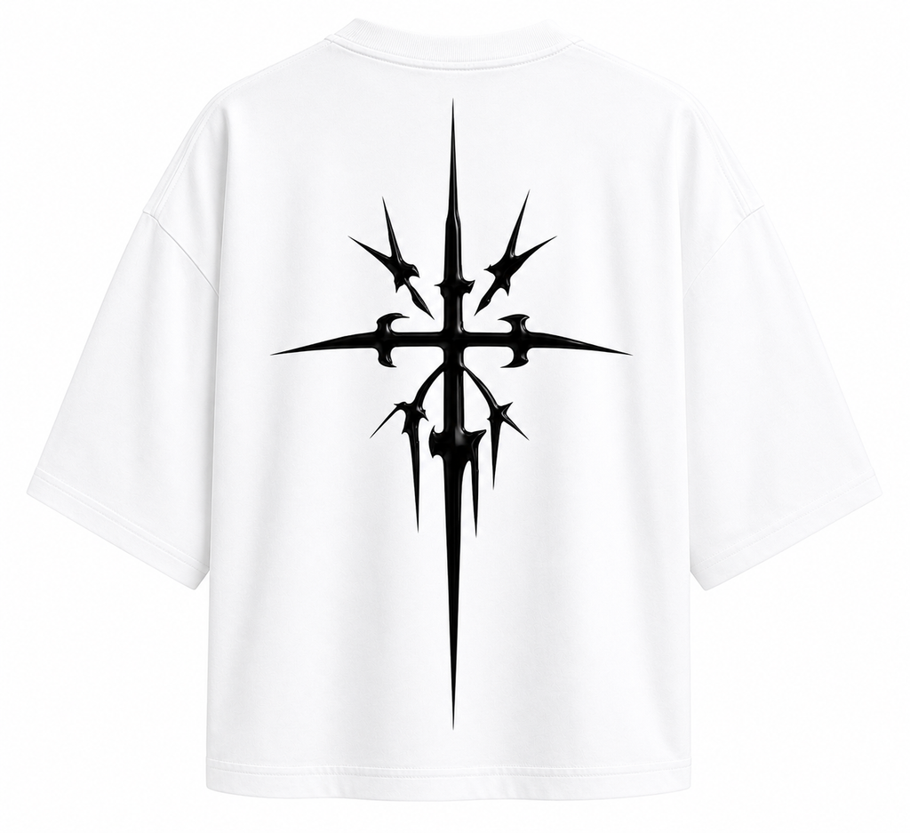 White cropped oversized tee with crew neck and large black back graphic