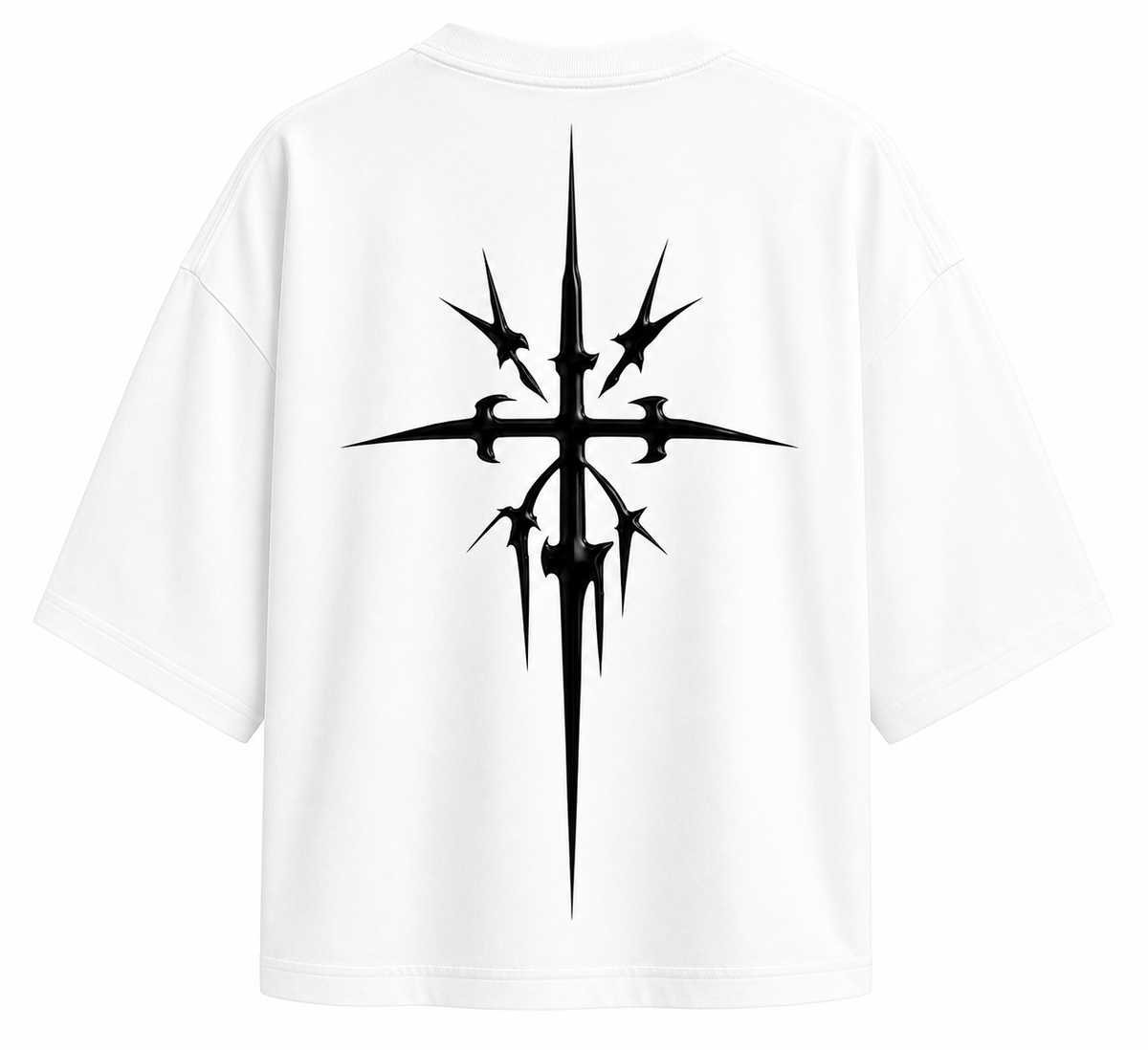 White cropped oversized tee with crew neck and large black back graphic
