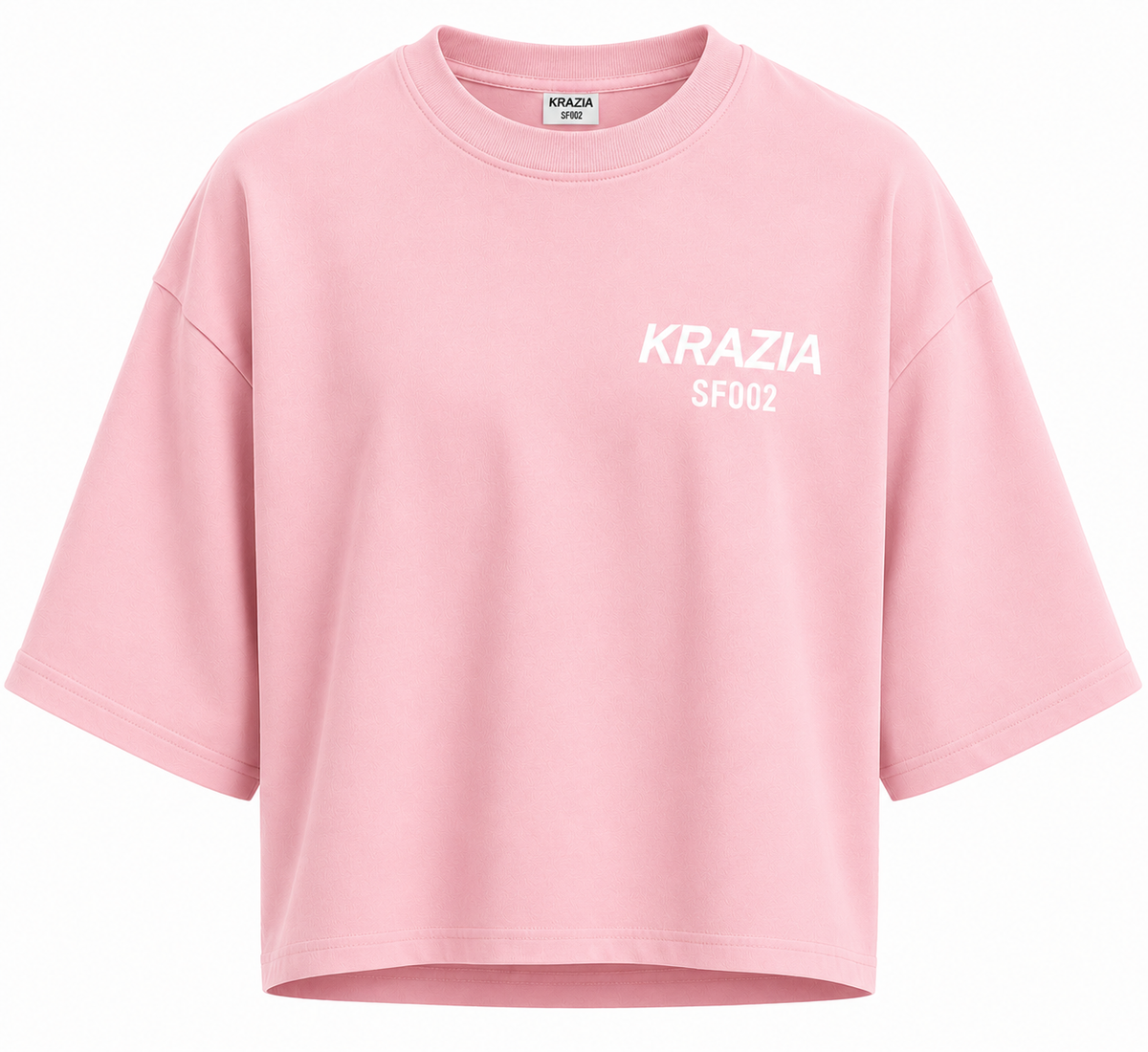 Pink cropped oversized tee with crew neck and small front logo text