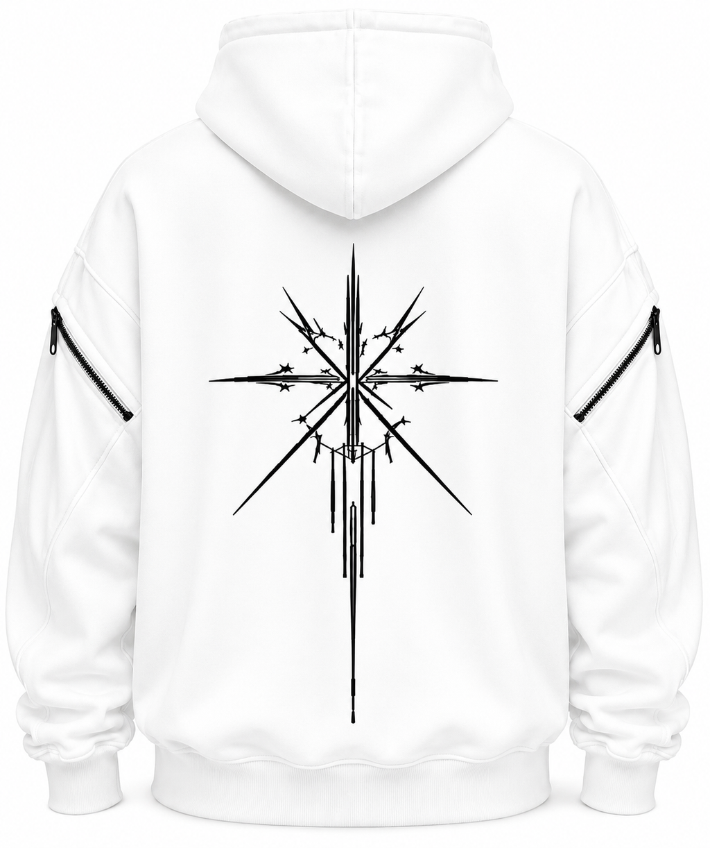 White two-layer hood zip hoodie with large back graphic and sleeve zipper details