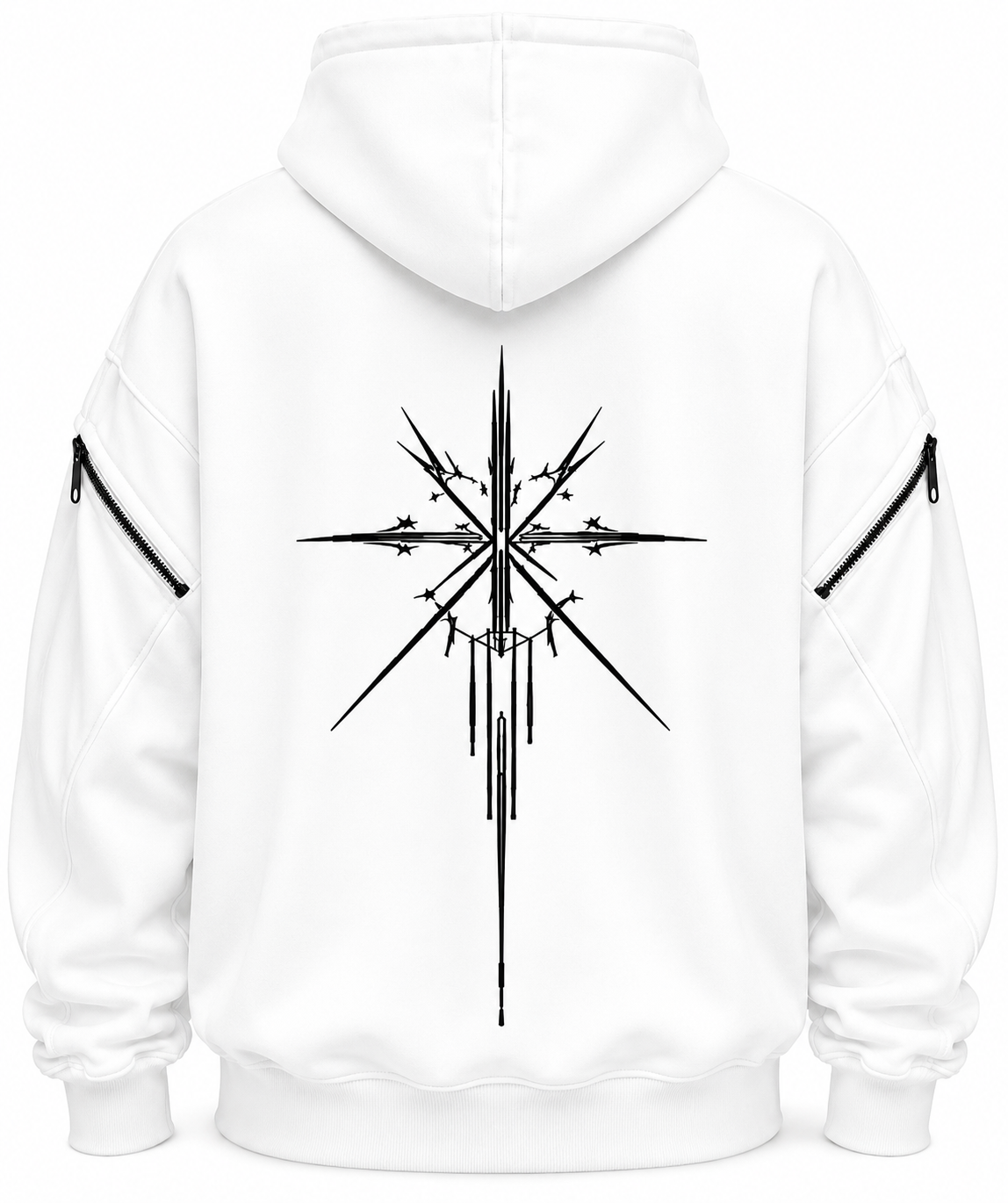 White two-layer hood zip hoodie with large back graphic and sleeve zipper details
