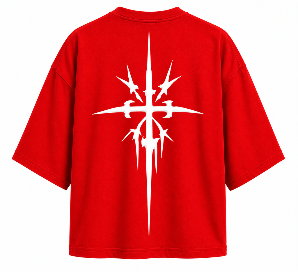 Red relaxed-fit crewneck T-shirt with large white cross-shaped graphic on back