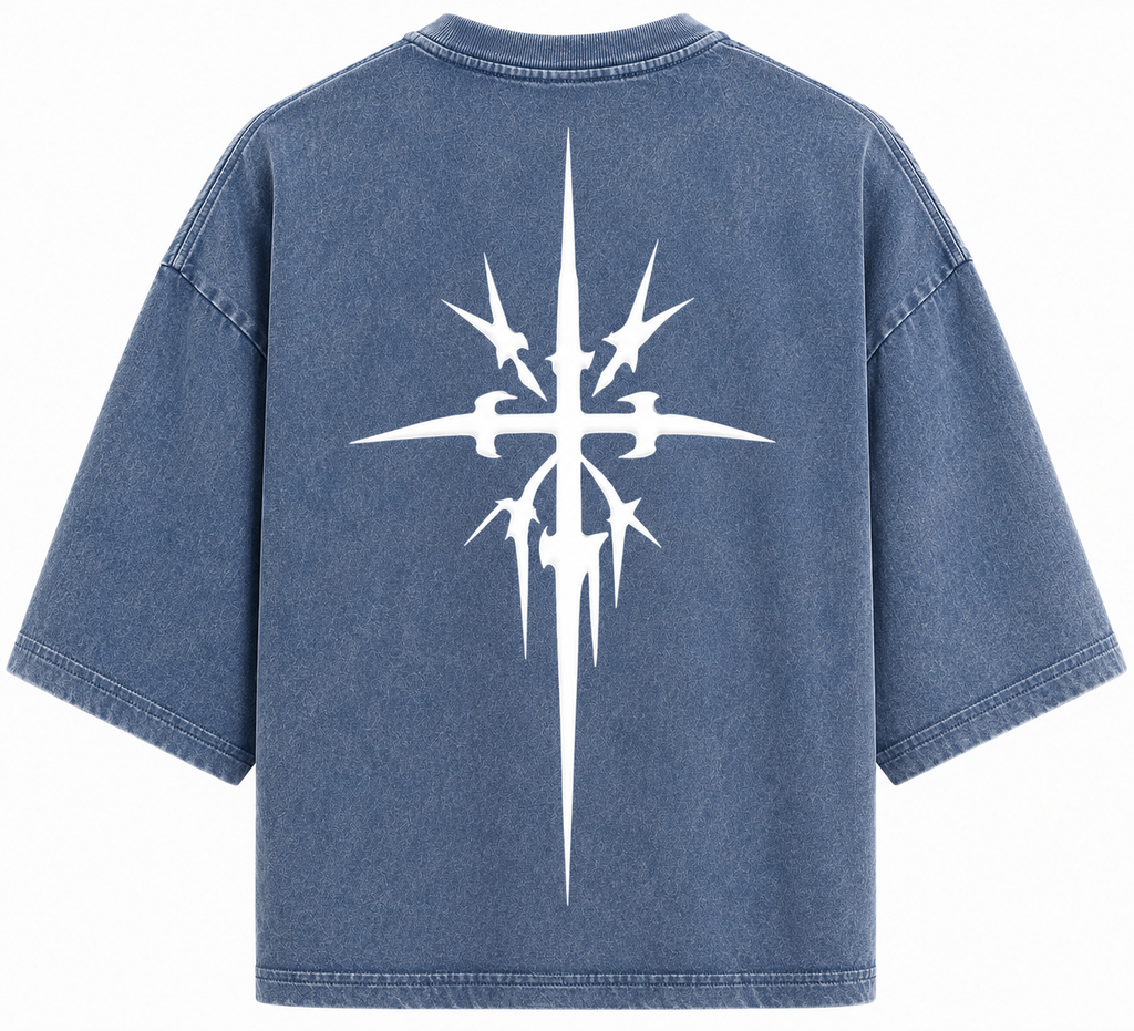 Blue relaxed-fit crewneck T-shirt with large white cross-shaped graphic on back