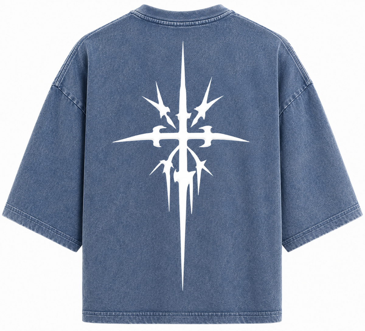 Blue relaxed-fit crewneck T-shirt with large white cross-shaped graphic on back