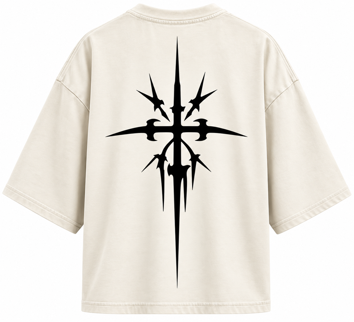 Cream relaxed-fit crewneck T-shirt with large black cross-shaped graphic on back