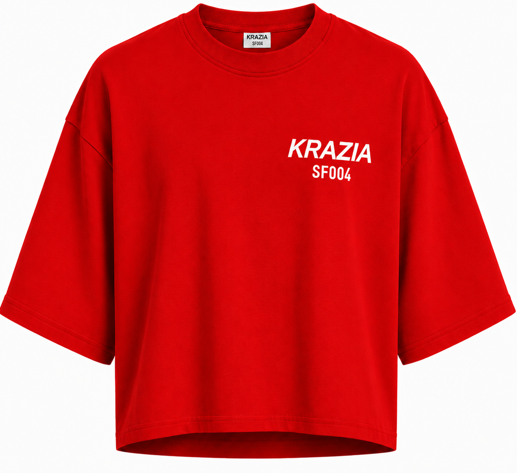 Red relaxed-fit crewneck T-shirt with small KRAZIA SF004 logo on chest
