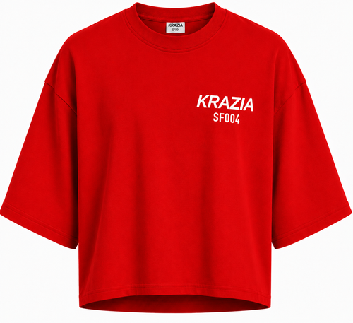 Red relaxed-fit crewneck T-shirt with small KRAZIA SF004 logo on chest