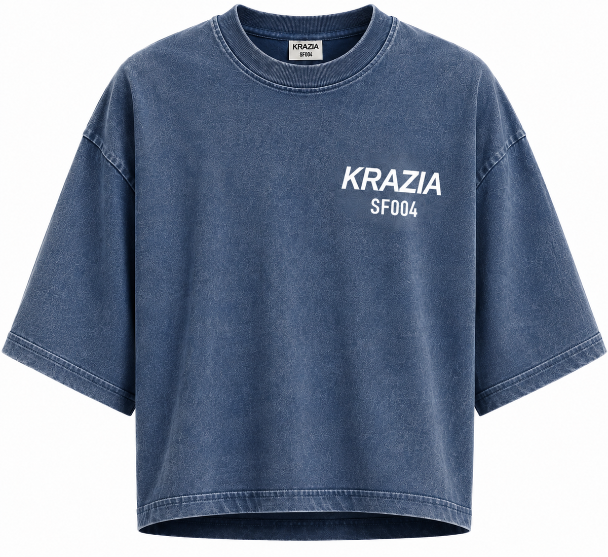 Blue relaxed-fit crewneck T-shirt with small KRAZIA SF004 logo on chest