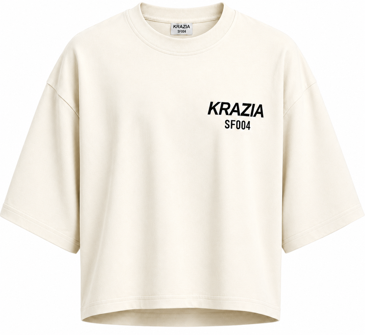 Cream relaxed-fit crewneck T-shirt with small KRAZIA SF004 logo on chest