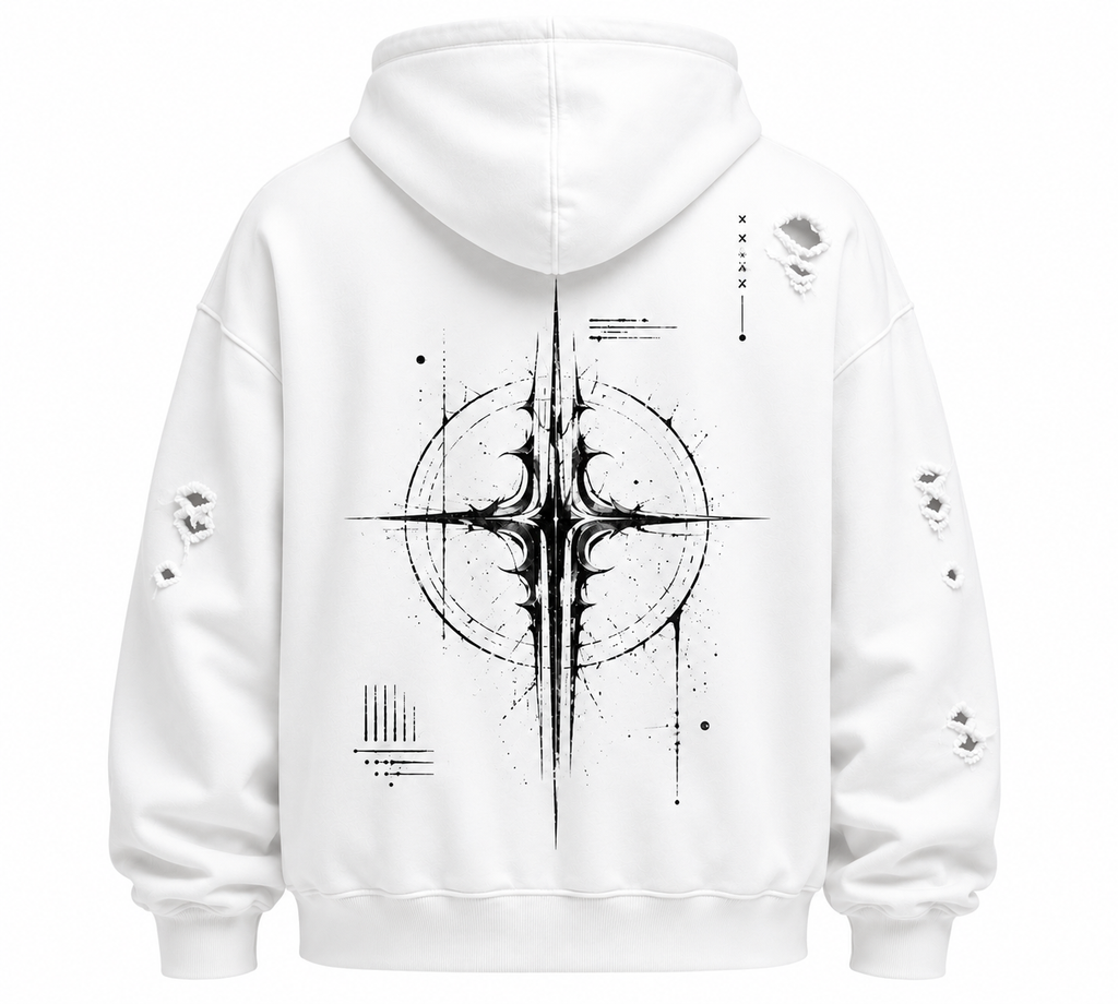 White oversized distressed hoodie, back graphic print, hood, drawstring cords, ripped details
