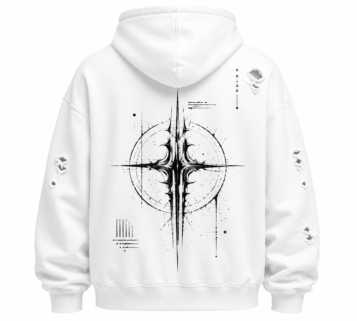 White oversized distressed hoodie, back graphic print, hood, drawstring cords, ripped details