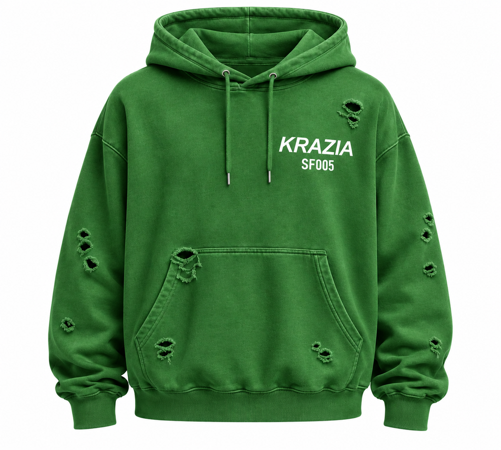 Green oversized distressed hoodie with hood, drawstring cords, front kangaroo pocket, logo