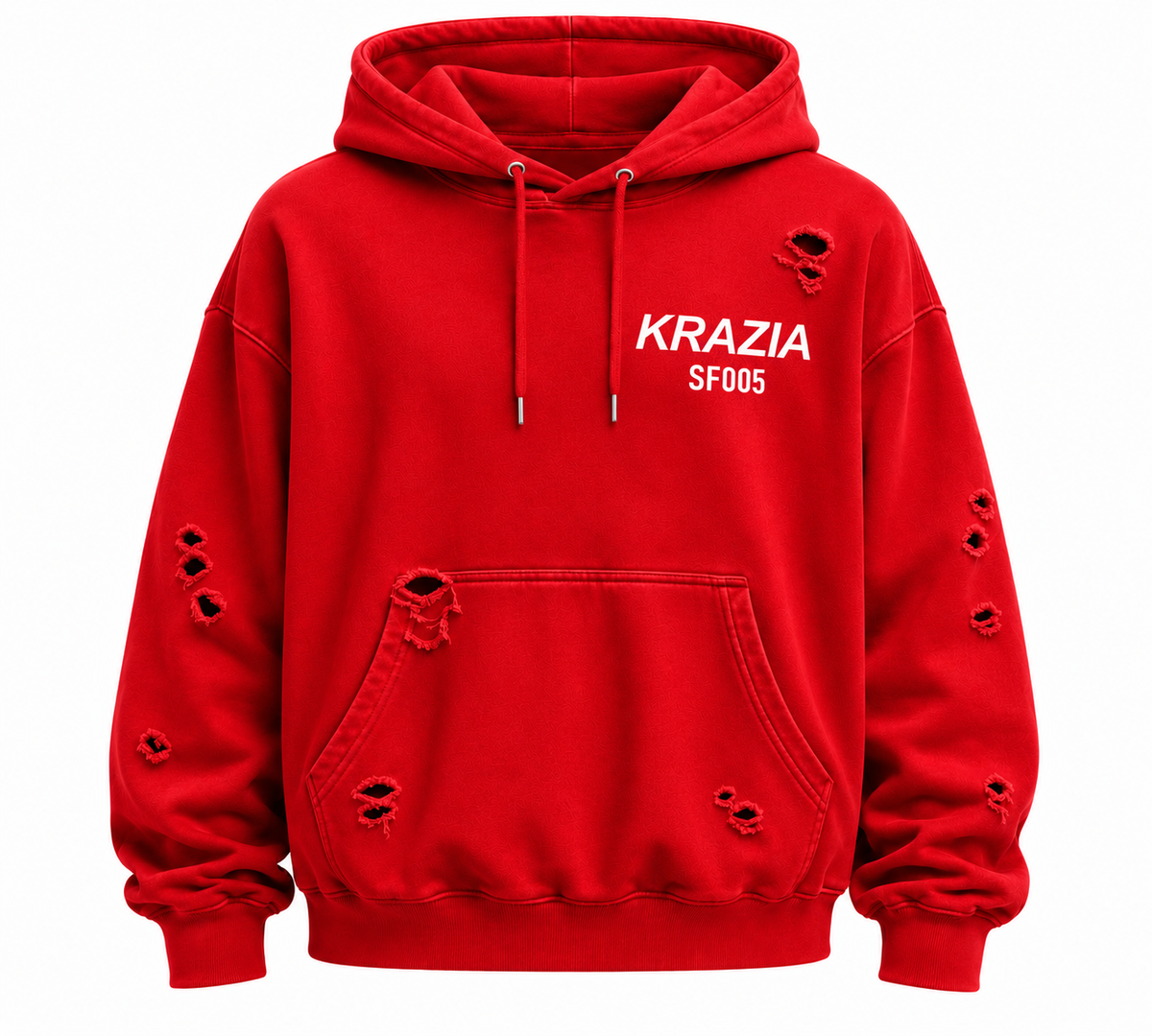 Red oversized distressed hoodie with hood, drawstring cords, front kangaroo pocket, logo