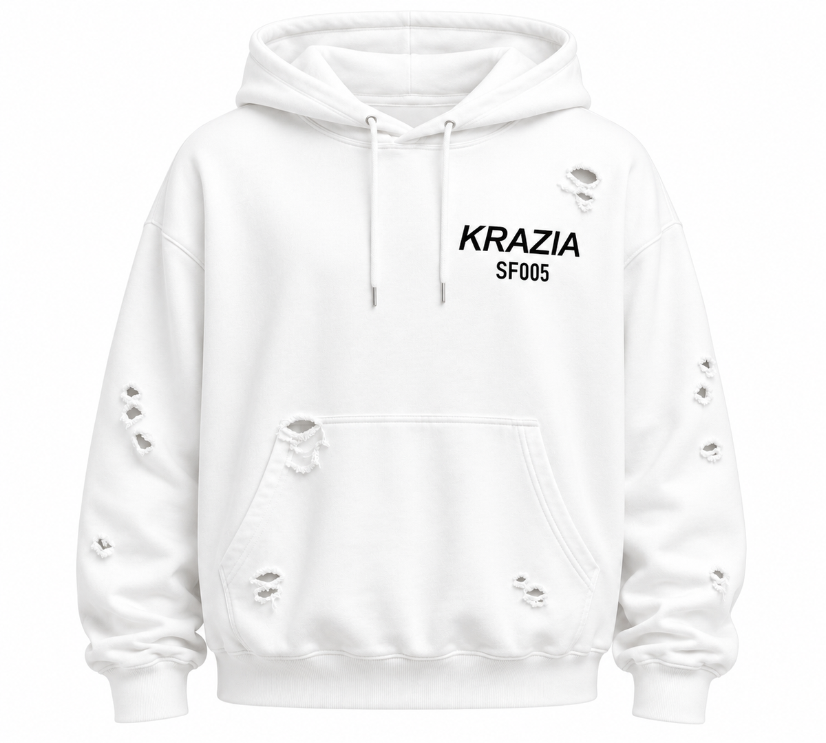 White oversized distressed hoodie with hood, drawstring cords, front kangaroo pocket, logo