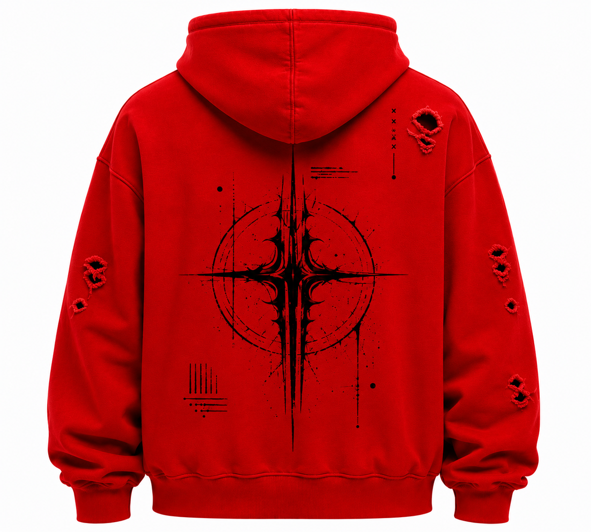 Red oversized distressed hoodie, back graphic print, hood, drawstring cords, ripped details