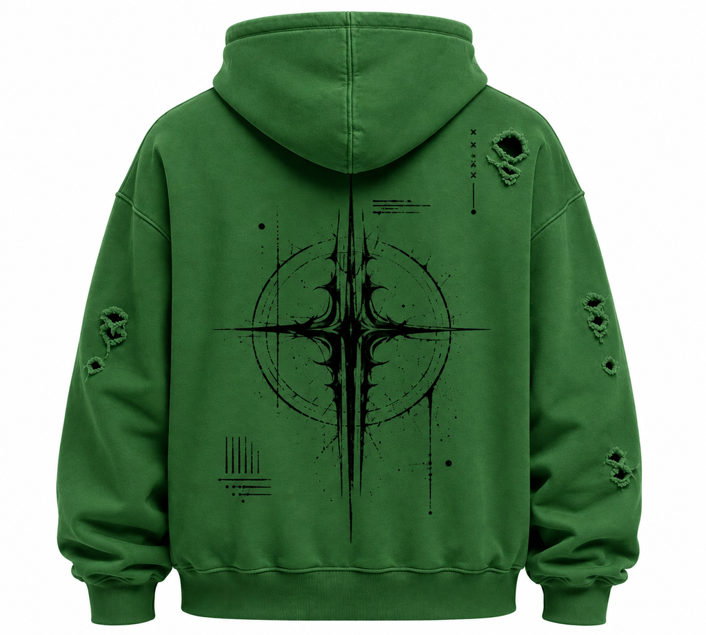 Green oversized distressed hoodie, back graphic print, hood, drawstring cords, ripped details