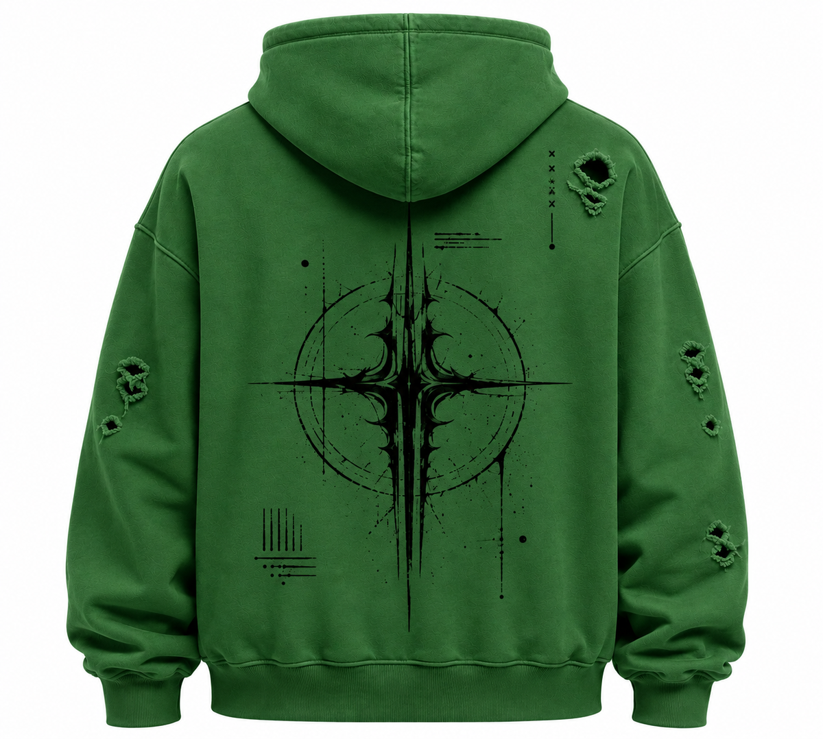 Green oversized distressed hoodie, back graphic print, hood, drawstring cords, ripped details
